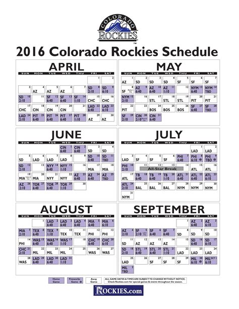 Rockies Printable Schedule